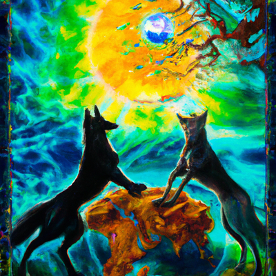 Hati et Skoll, les loups qui poursuivent le soleil et la lune : Leur rôle dans la prophétie du Ragnarök.
